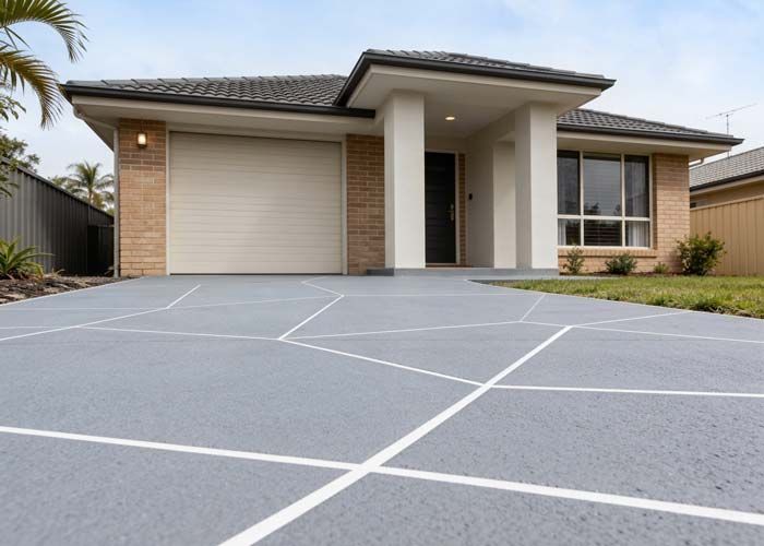 Modern single-story suburban house with a garage and wide gray driveway, viewed from the street