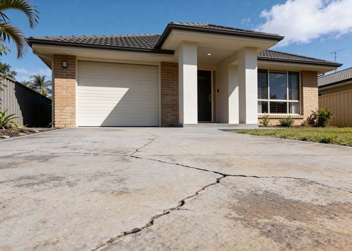Single-story suburban house with garage and cracked concrete driveway under a clear blue sky