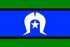 Blue flag with green stripes and a white star-and-arch emblem in the center
