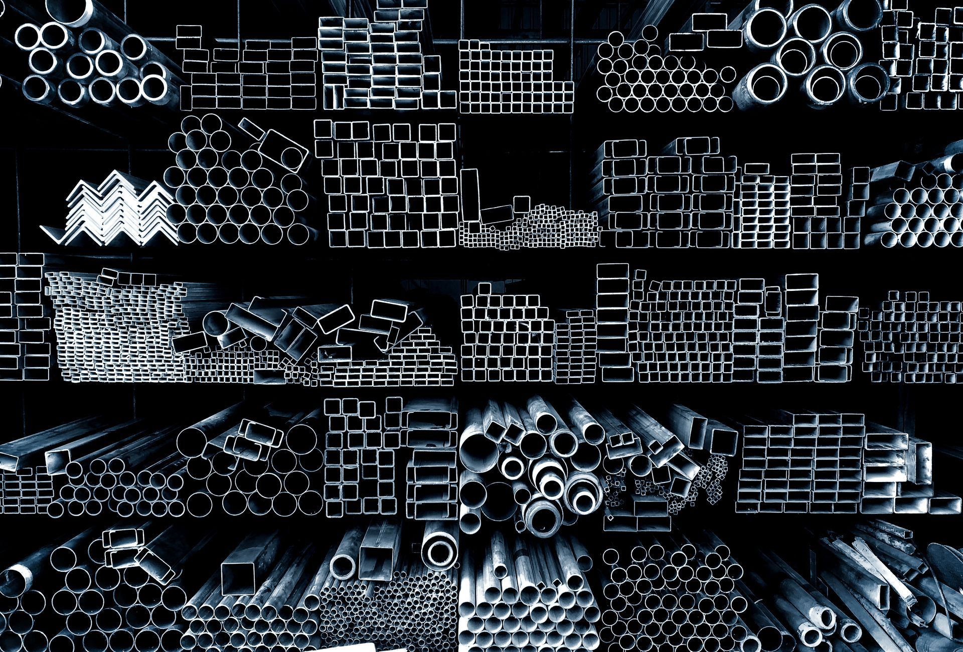 View of a warehouse's shelf carrying diverse steel products.
