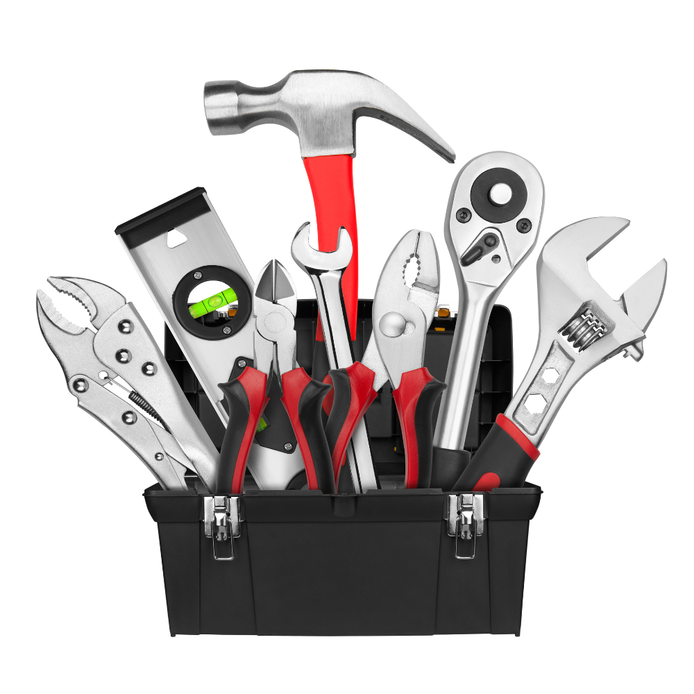 A black toolbox filled with hand tools, including a hammer, pliers, wrench, level, and screwdriver.