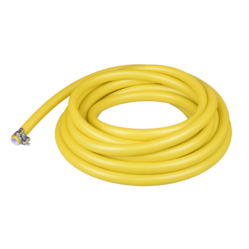Coiled yellow garden hose with metal connector end