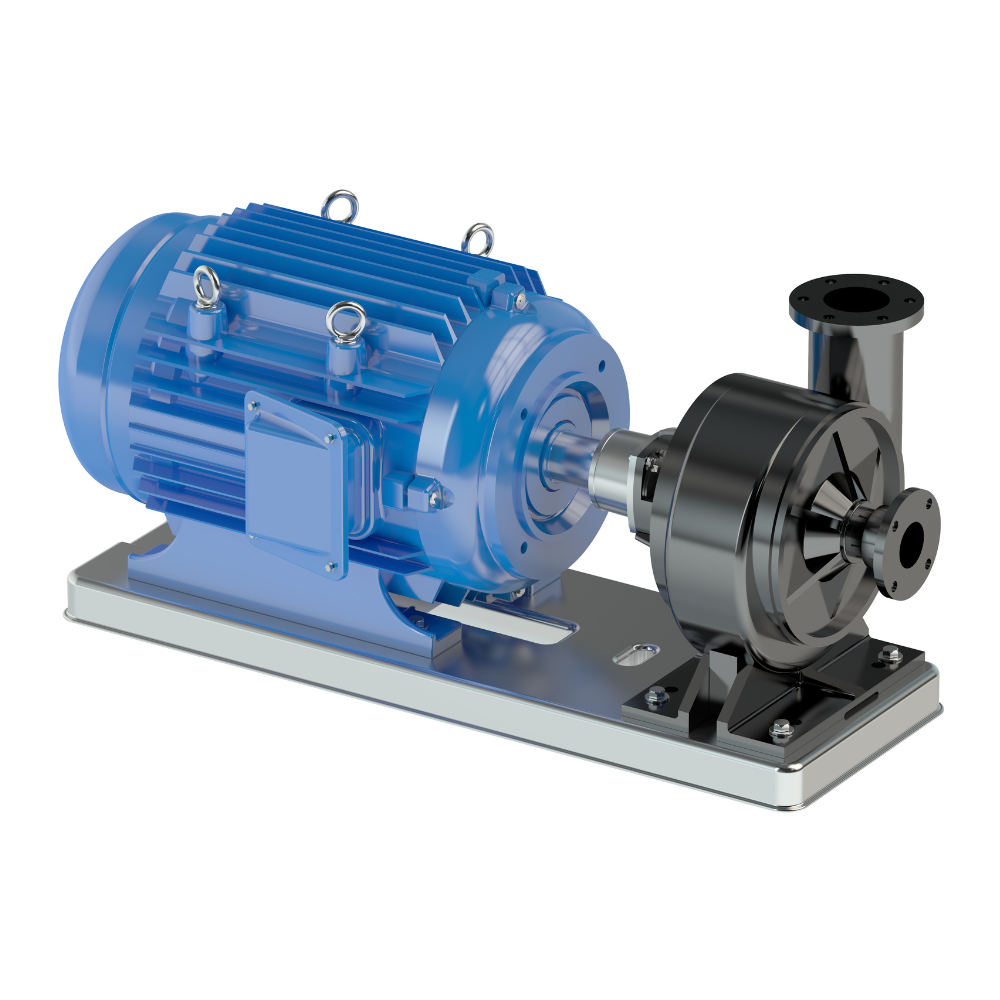 Blue industrial pump or motor assembly on a metal base, with a black impeller housing attached.