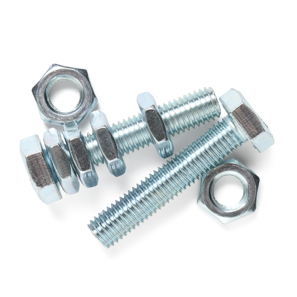 Two silver threaded bolts with nuts and washers on a white background