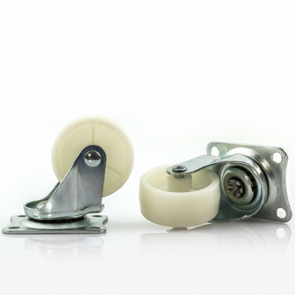 Two white swivel caster wheels with metal brackets on a white background