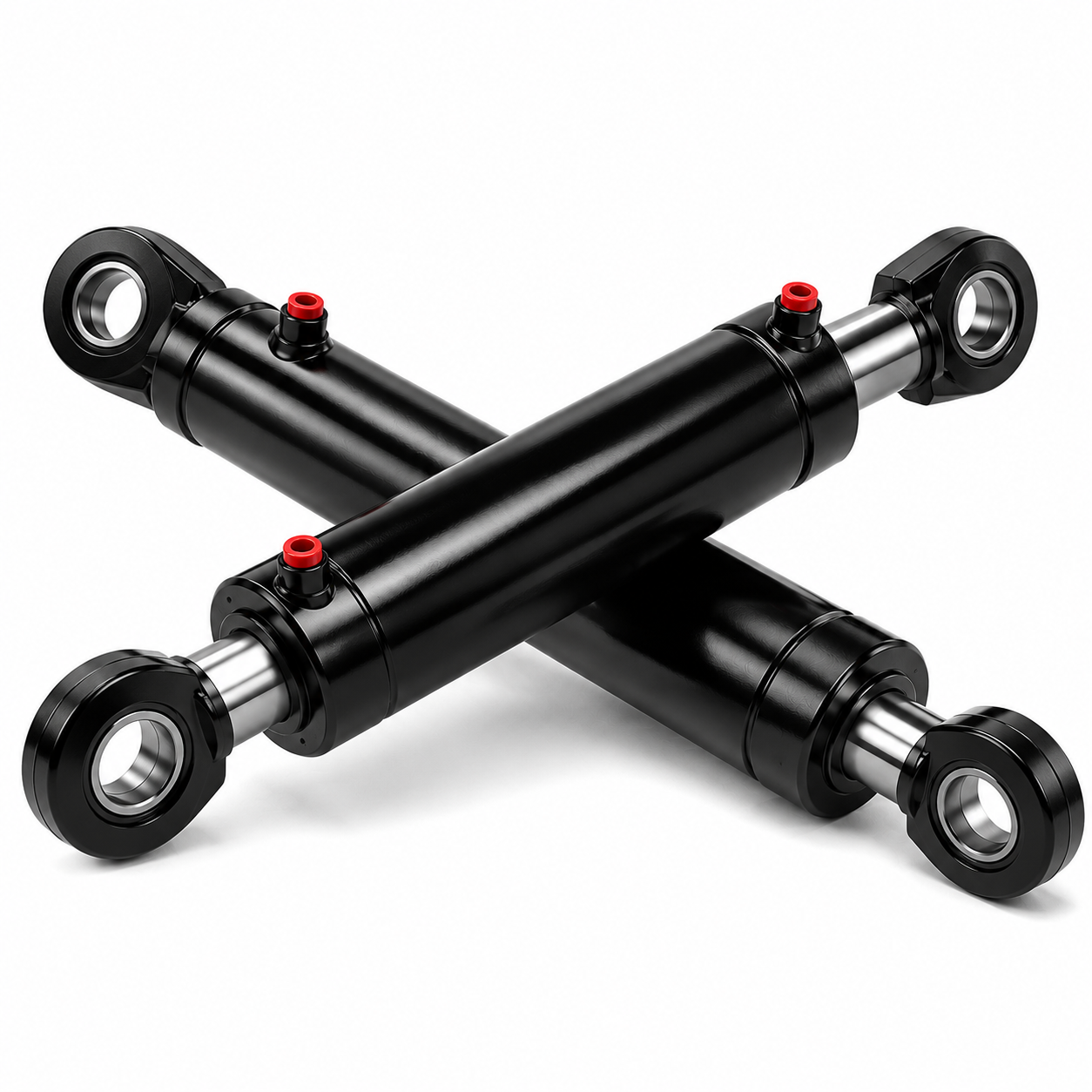 Two black hydraulic shock absorbers crossed in an X shape on a white background