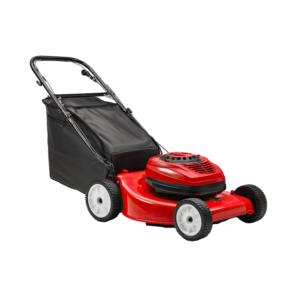Red push lawn mower with a black grass collection bag and white wheels on a white background