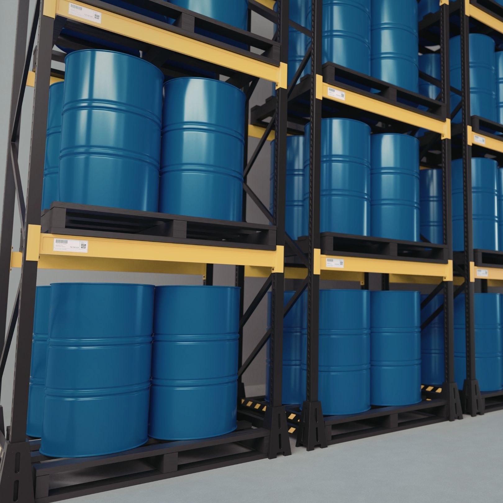 Blue industrial barrels stacked on warehouse racks in a storage facility.