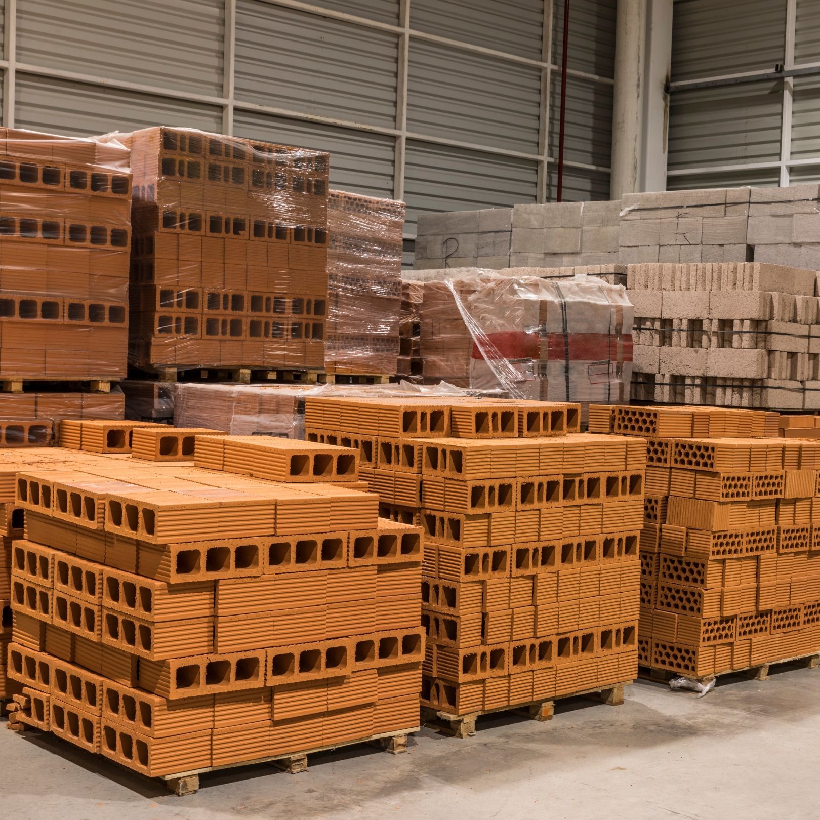 Stacks of orange and gray construction bricks in a warehouse