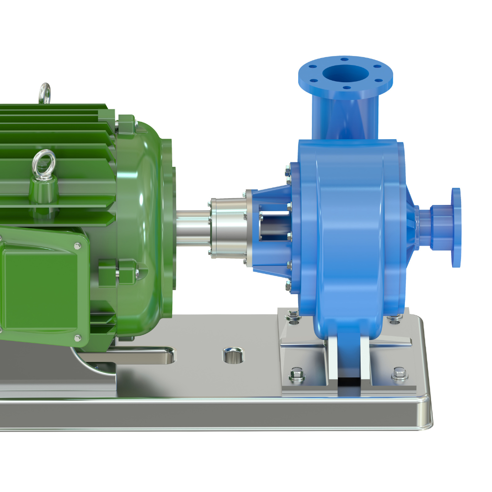 Green electric motor coupled to a blue pump on a metal base plate