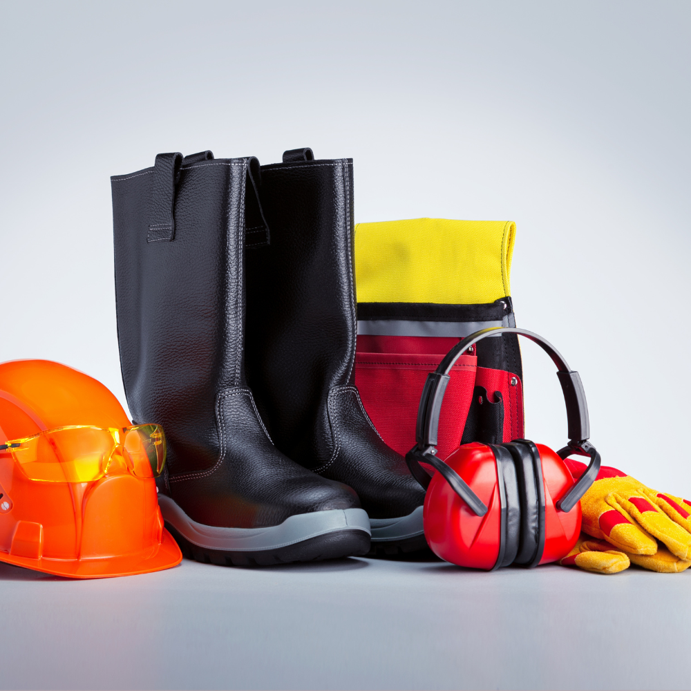 Safety gear: orange hard hat, black boots, yellow vest, red gloves, and earmuffs on a white background