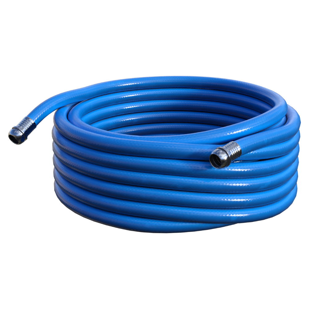 Blue coiled rubber hose with metal fittings on both ends