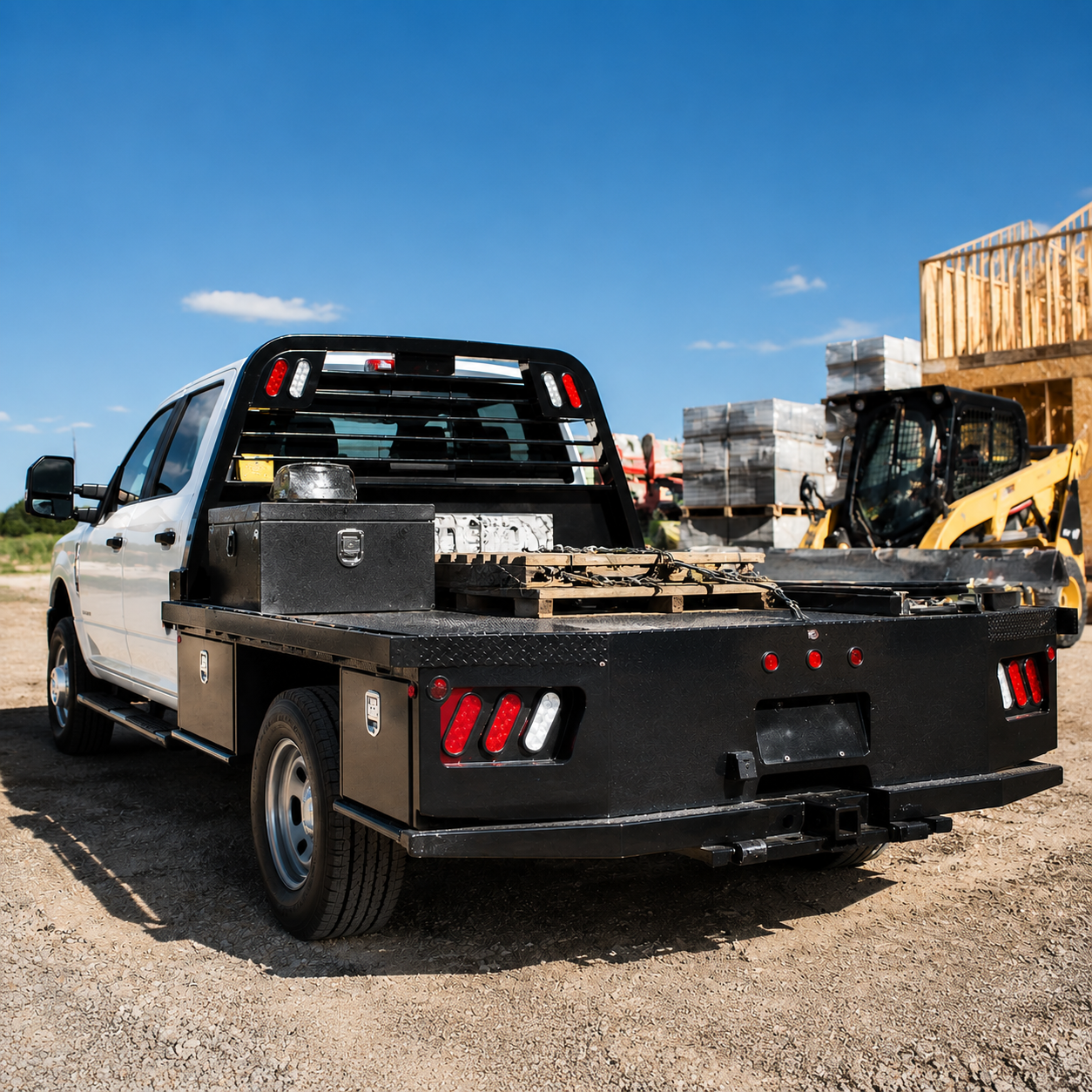 Black flatbed tow truck parked on gravel near a construction site with a backhoe and stacked materials