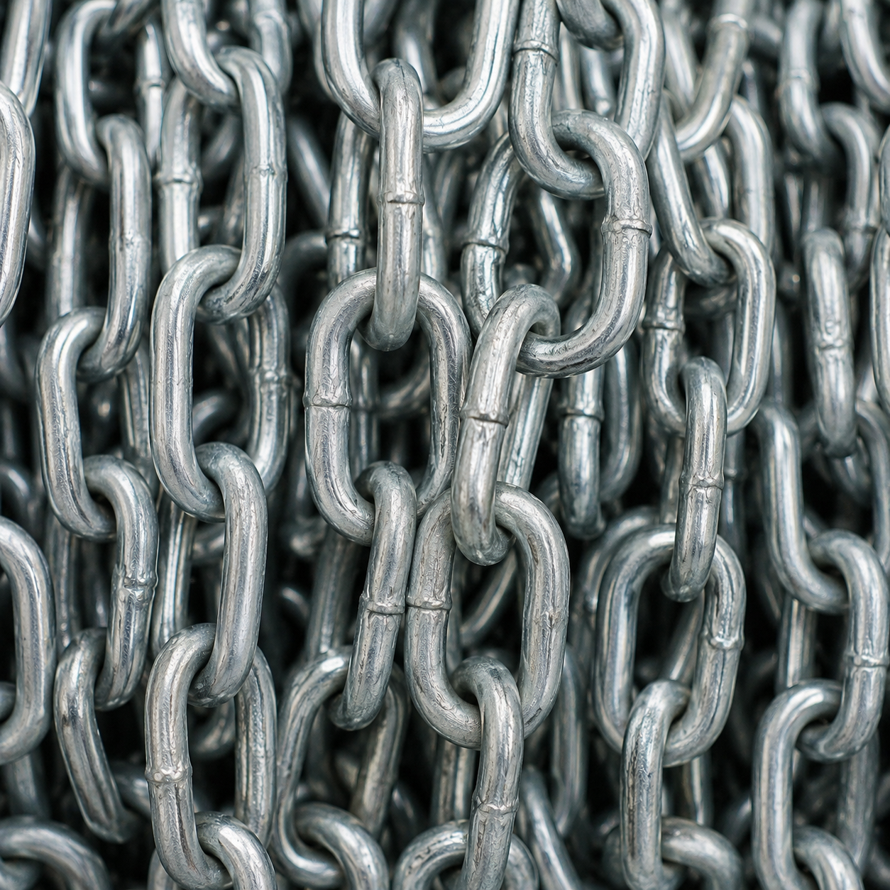 Close-up of interwoven silver metal chains in a repeating pattern