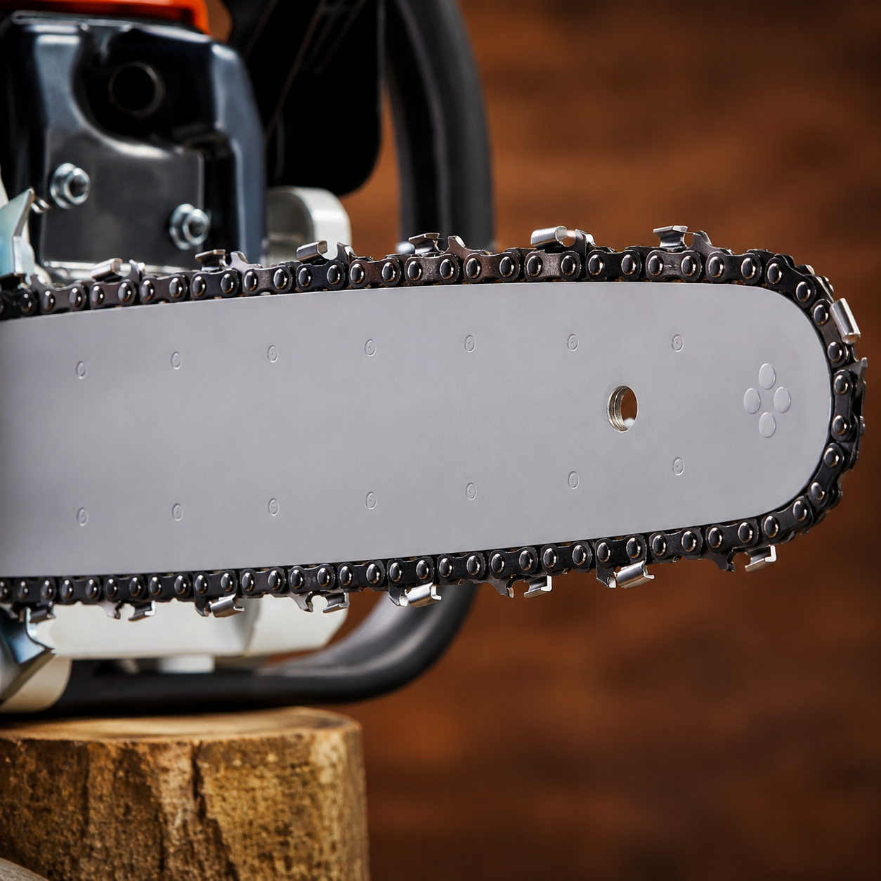 Close-up of a chainsaw bar and chain resting on a wooden block