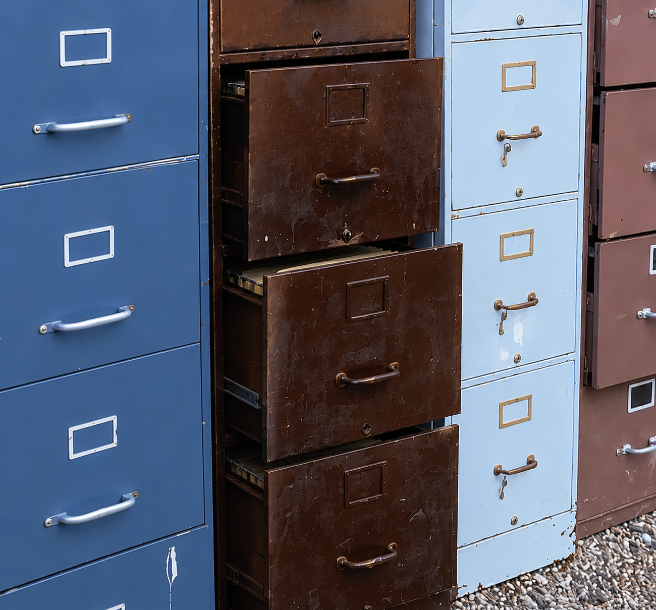 Stacked metal filing cabinets in blue, brown, light blue, and rust against a gravel ground.