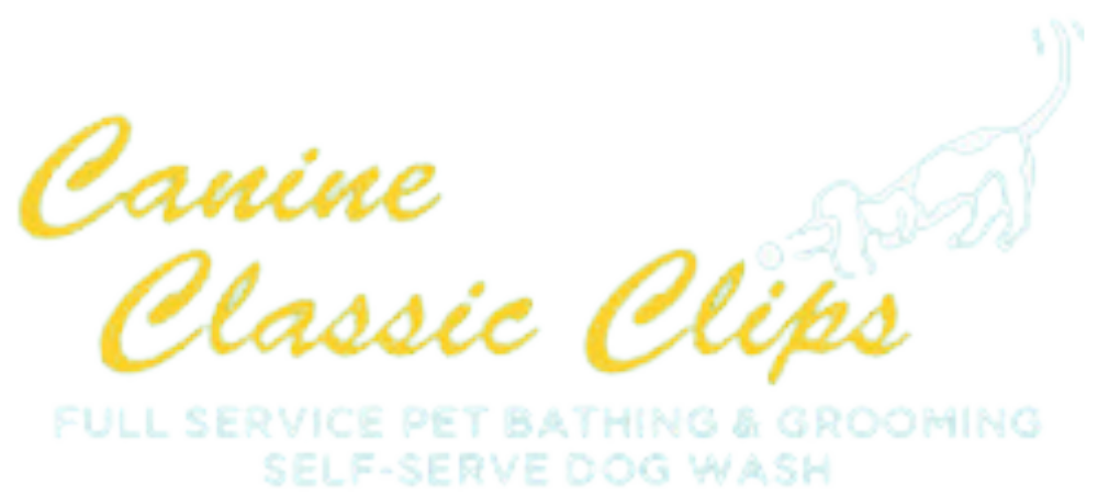Canine Classic Clips logo with yellow script text and a small white dog outline on a light background