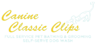 Canine Classic Clips logo with yellow script text and a small white dog outline on a light background