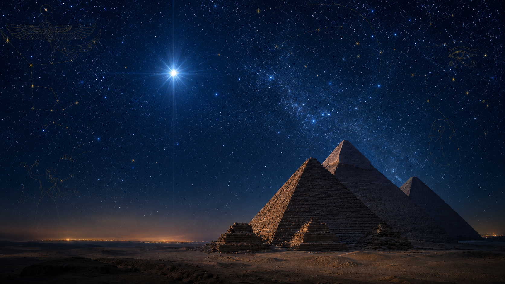 Sirius shining above the Pyramids of Giza under an Egyptian night sky