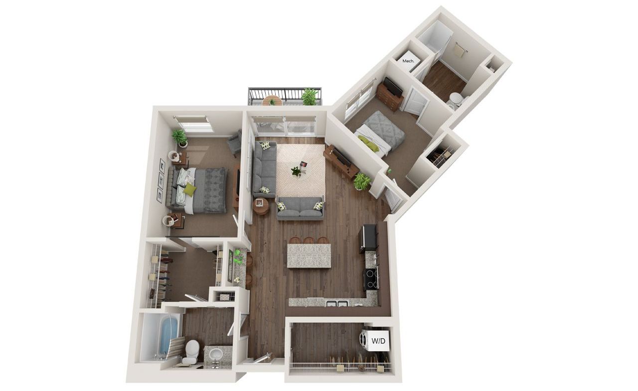 2 Bed 2 Bath Floor Plan with Carpet and Wood Flooring