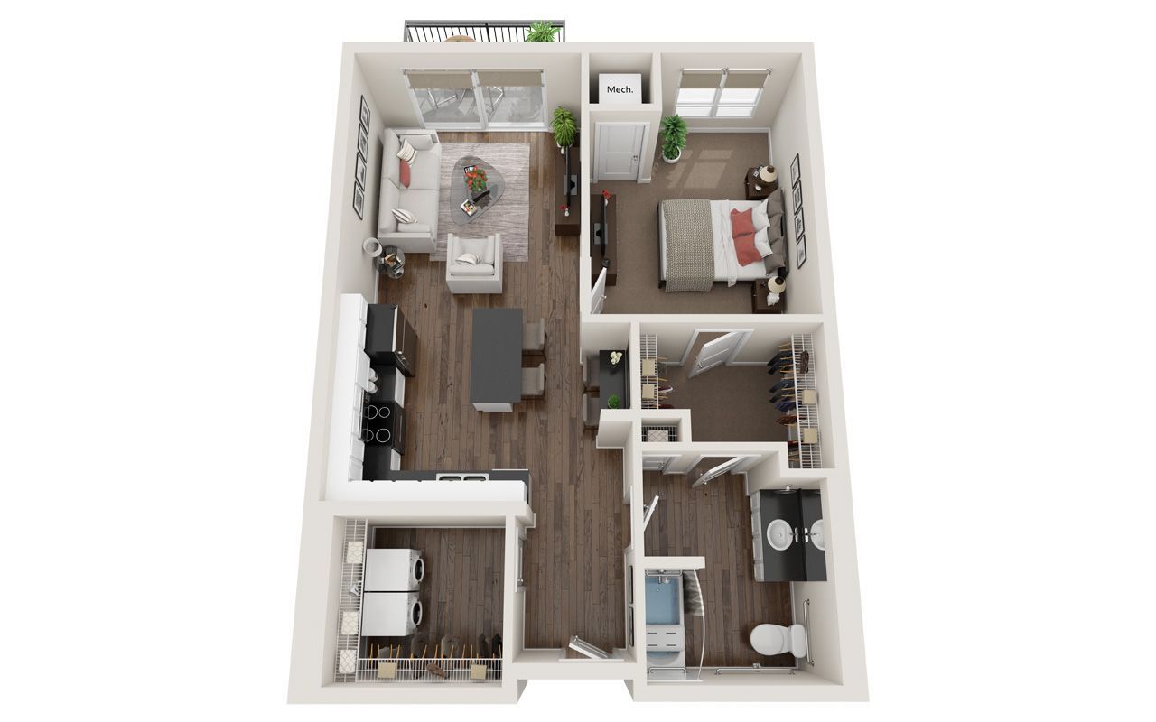 1 Bed Floor Plan with Carpet and Wood Flooring