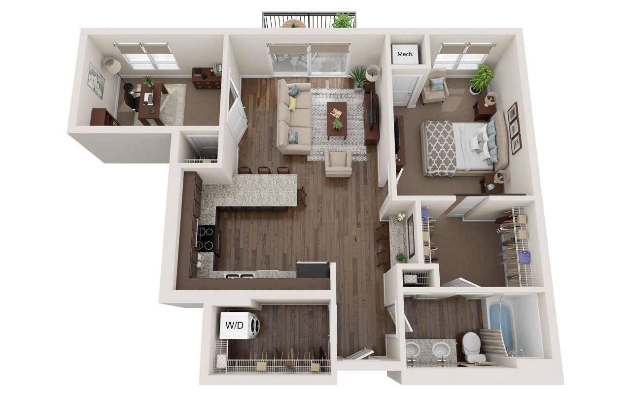 1 Bed Floor Plan with Carpet and Wood Flooring