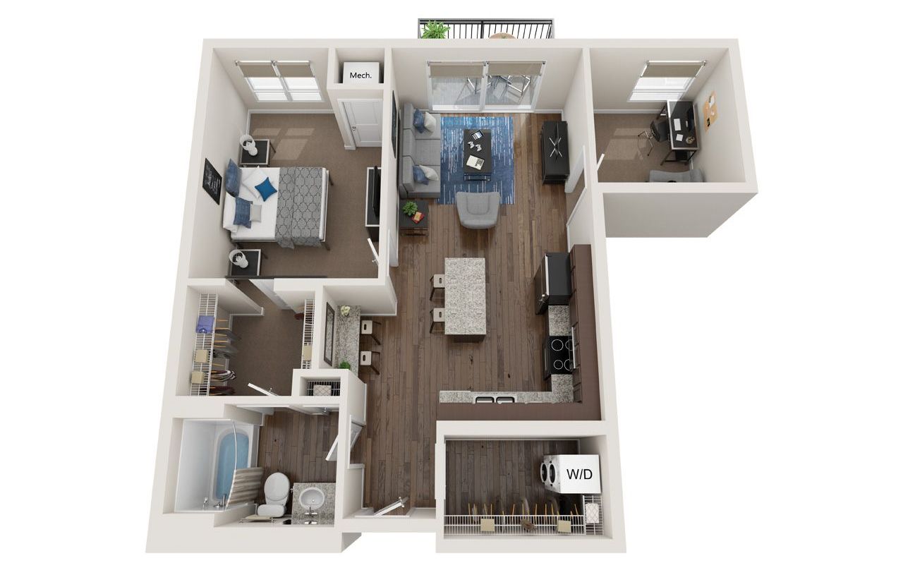 1 Bed Floor Plan with Carpet and Wood Flooring