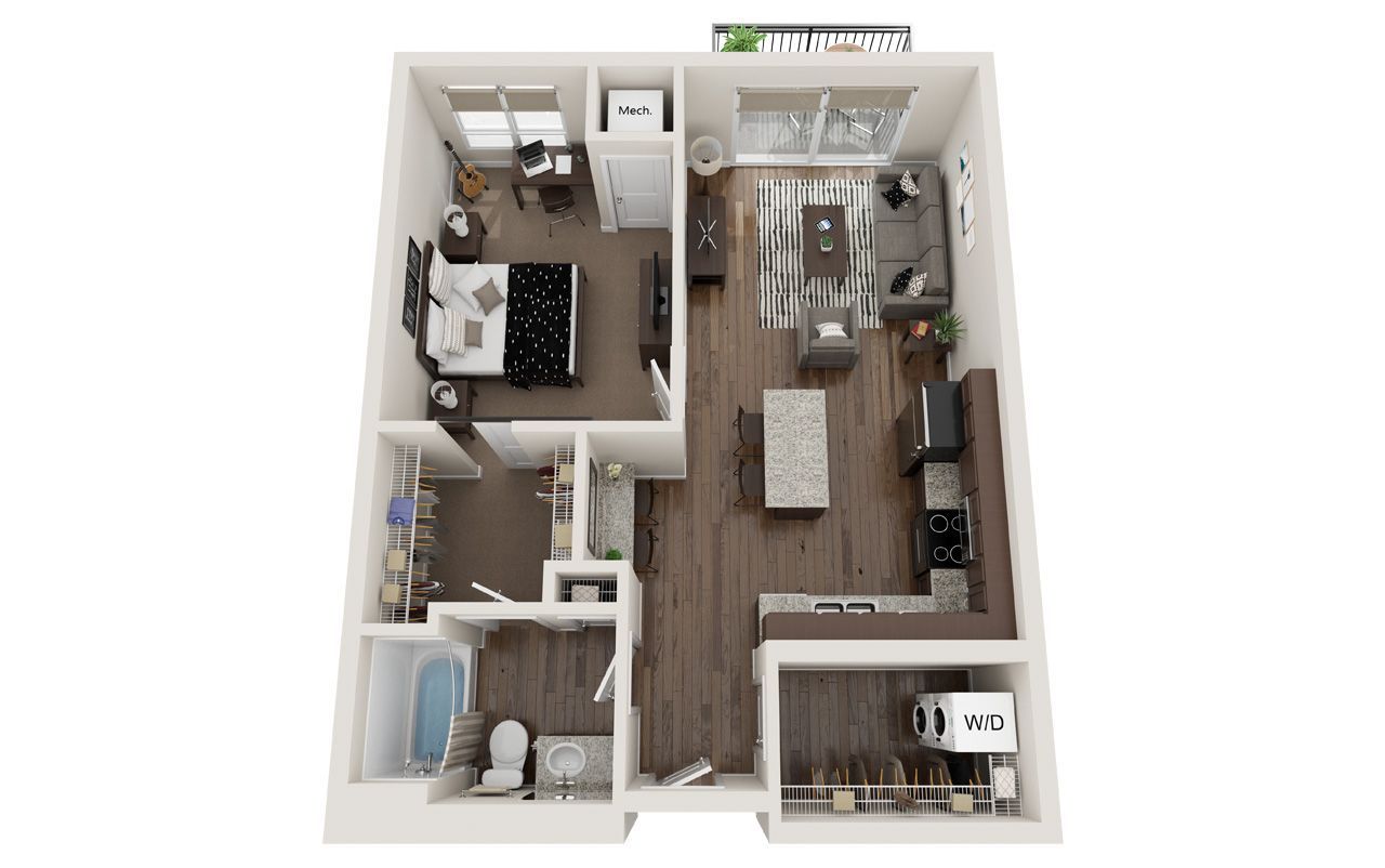 1 Bed Floor Plan with Carpet and Wood Flooring