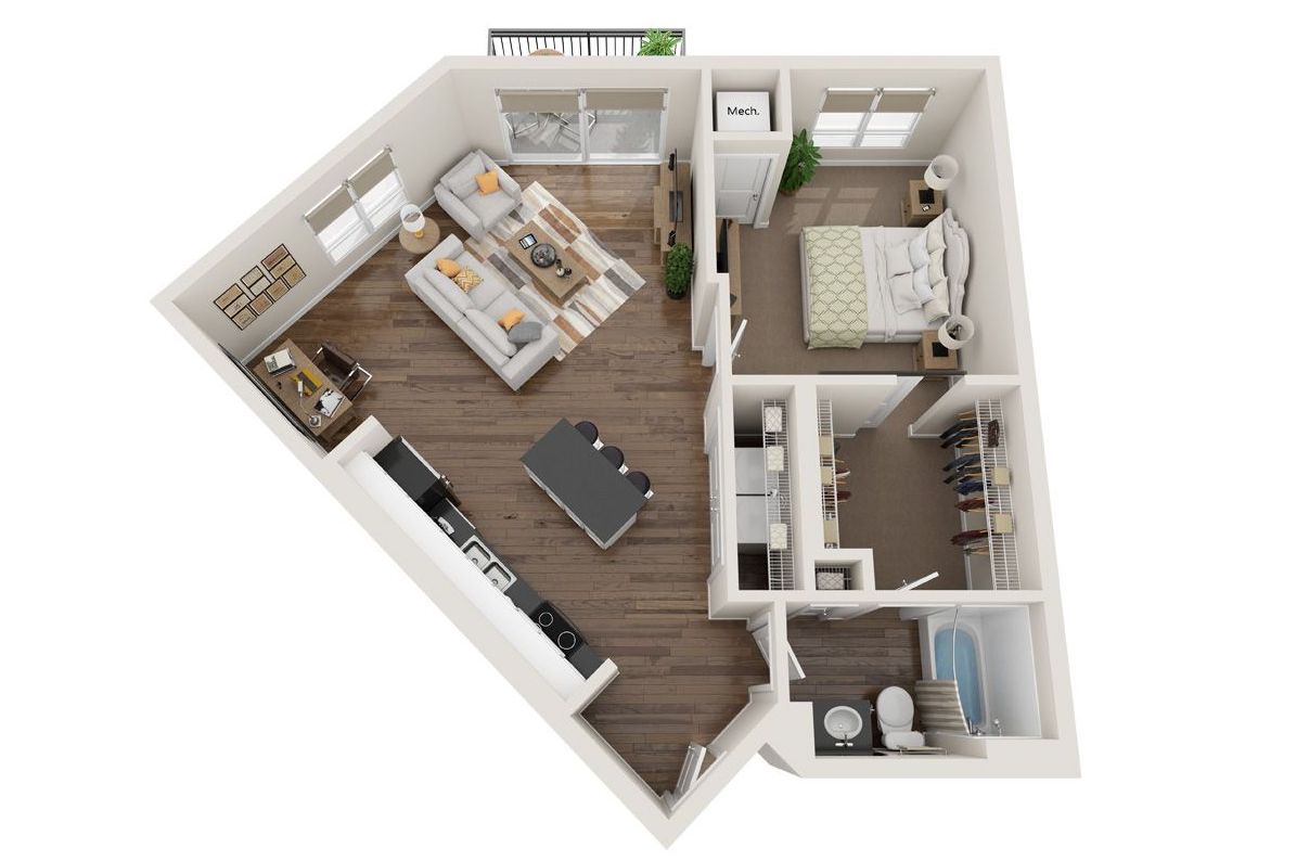 1 Bed Floor Plan with Carpet and Wood Flooring