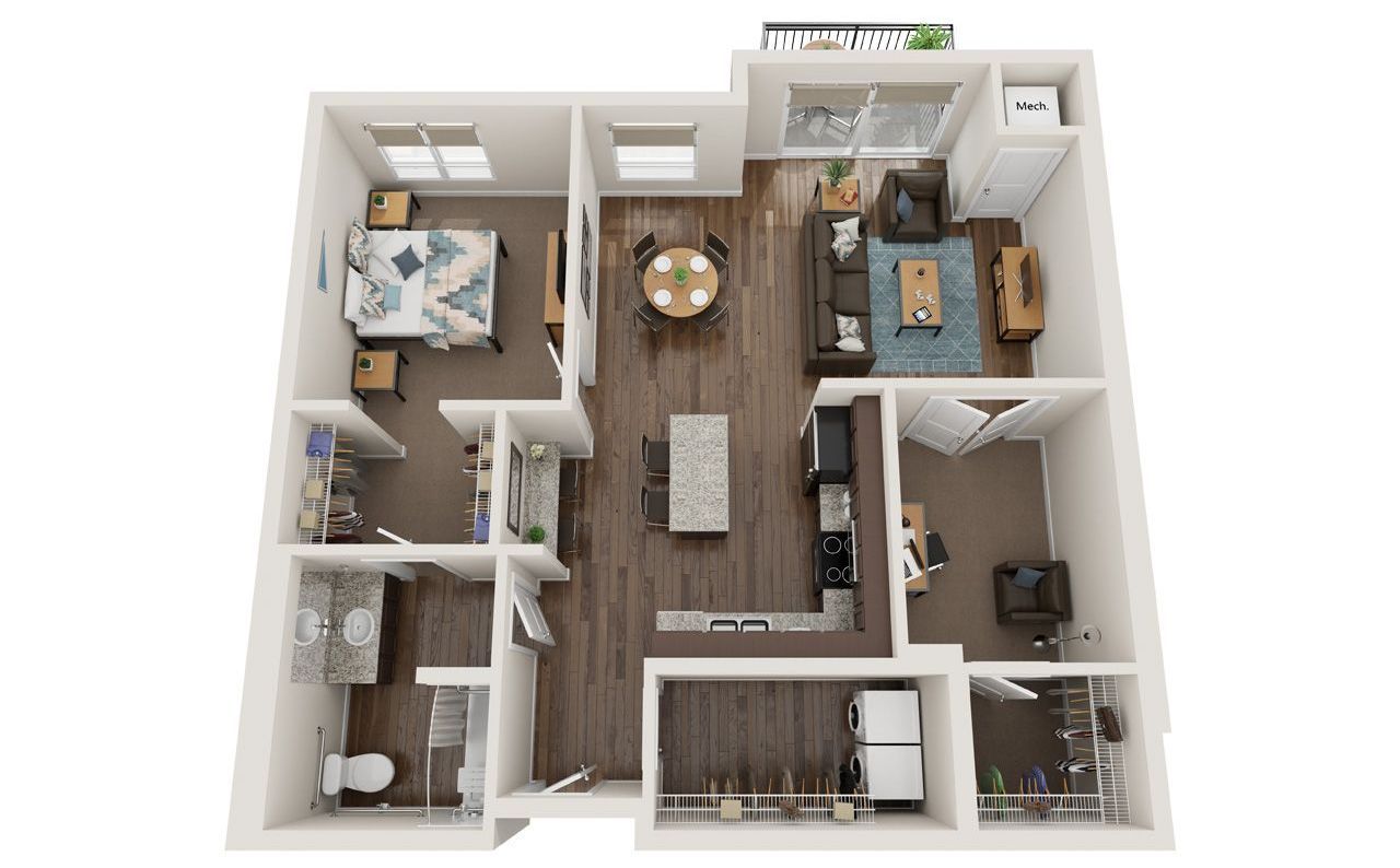 1 Bed Floor Plan with Carpet and Wood Flooring