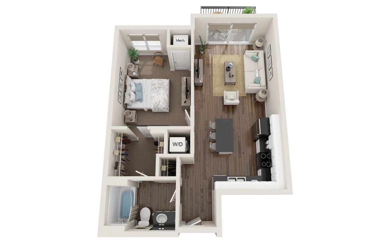 1 Bed Floor Plan with Carpet and Wood Flooring
