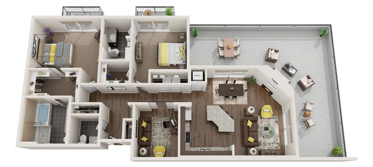 2 Bed 2 Bath Floor Plan with Carpet and Wood Flooring