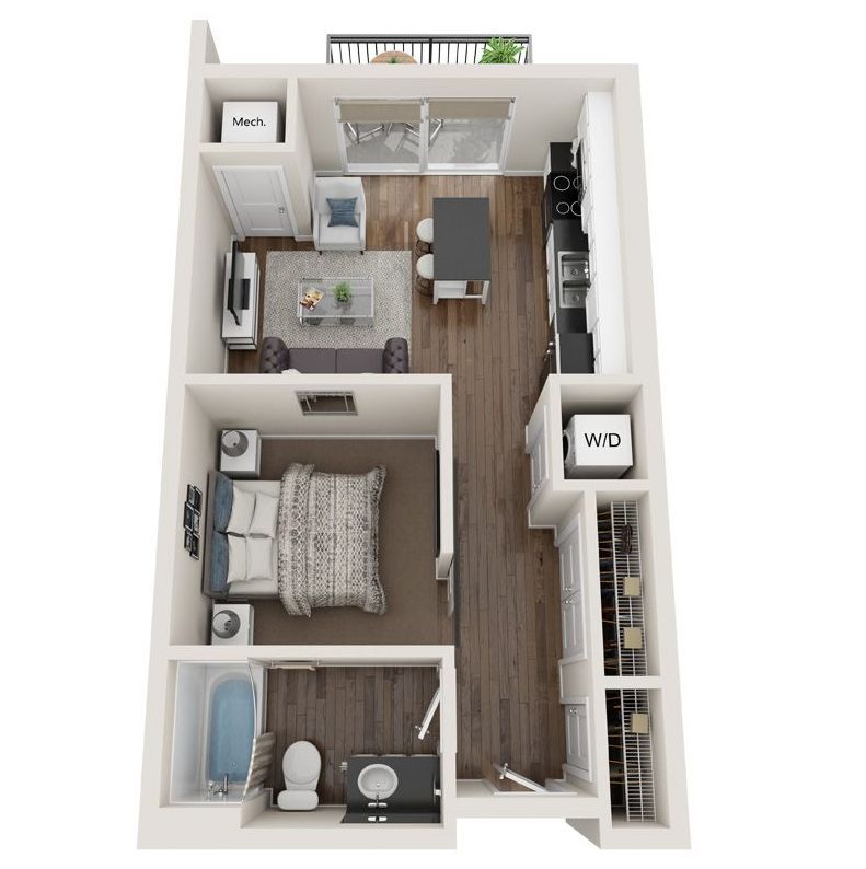 1 Bed Floor Plan with Carpet and Wood Flooring
