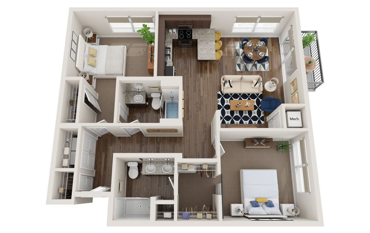 2 Bed 2 Bath Floor Plan with Carpet and Wood Flooring