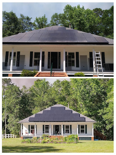 Two views of a house with a dark roof and white columns, one showing a ladder on the porch.