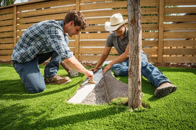 Two people kneeling in a yard spread mulch around a young tree with a shovel.