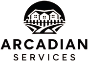 Arcadian Services logo with houses and a road inside a black circle