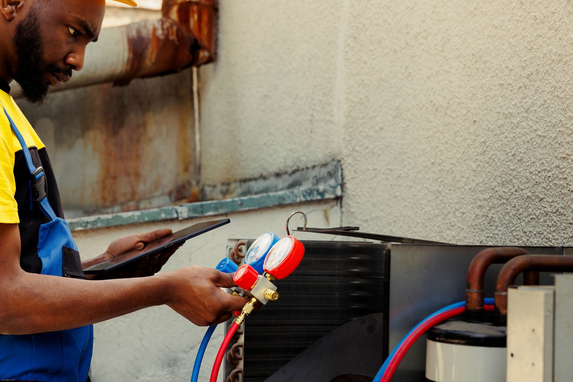 HVAC technician using manifold gauges for air conditioner repair and heating & cooling service diagnostics