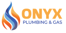 ONYX Plumbing & Gas logo with blue and orange flame icon and orange text