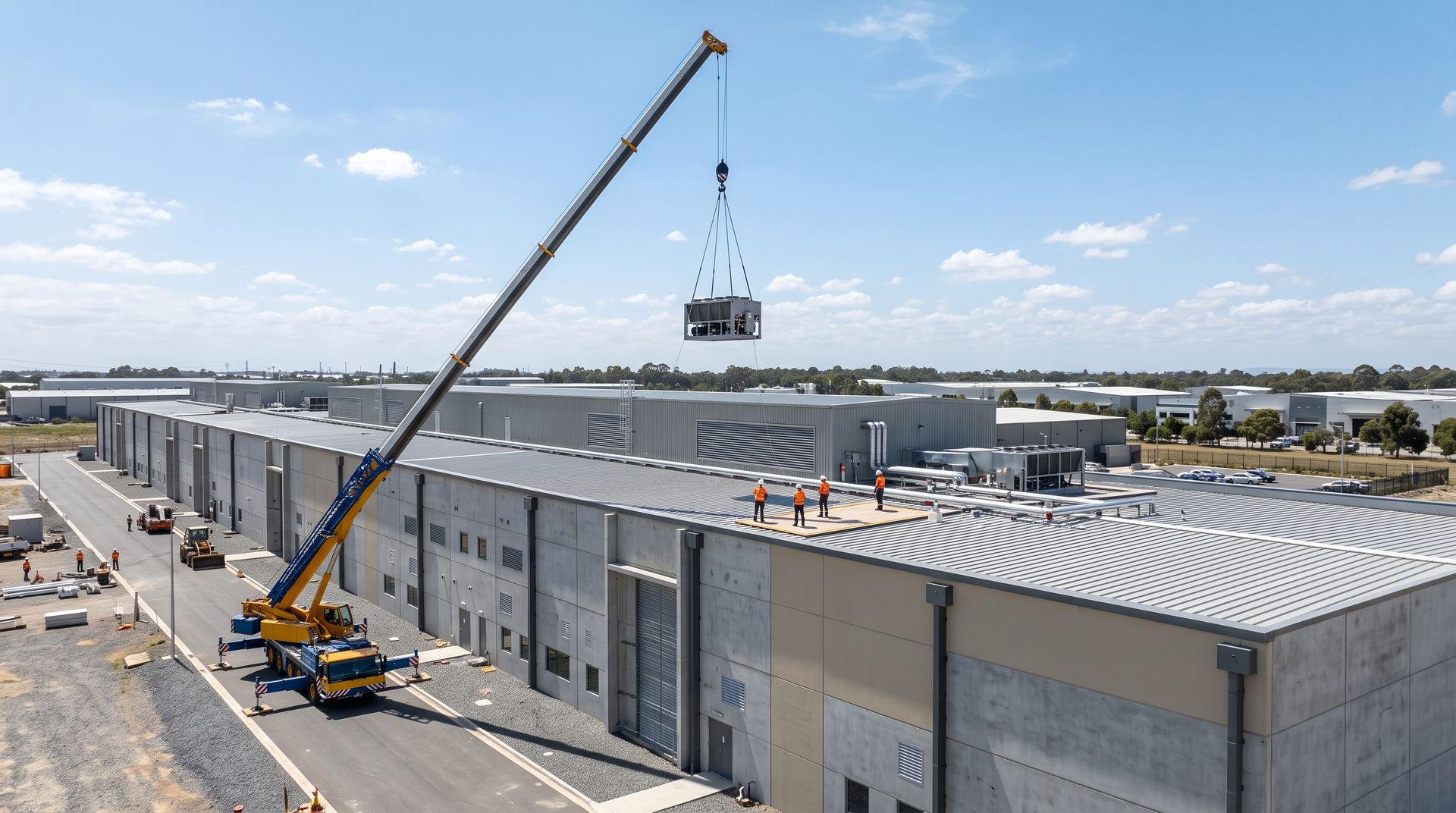 Crane hoisting HVAC unit onto a large gray warehouse roof on a clear day