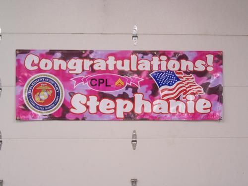 A sign that says congratulations stephanie on it