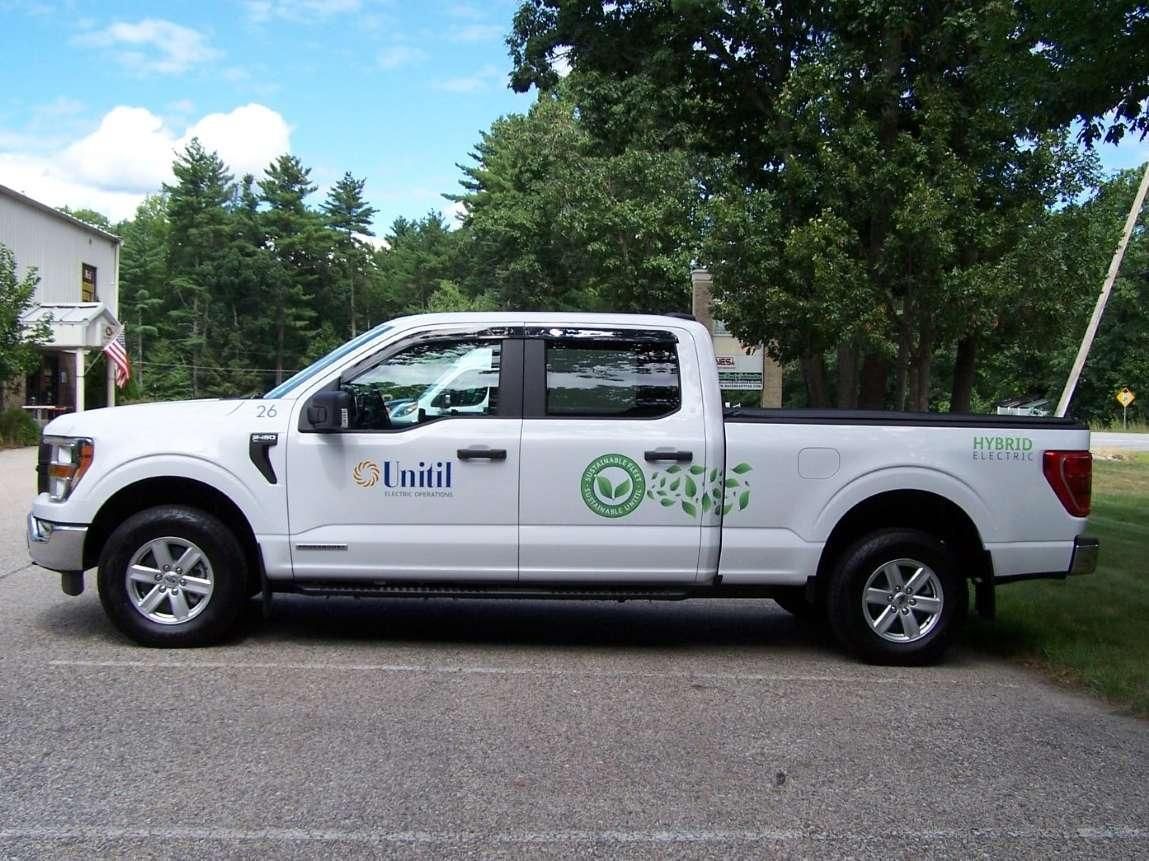 A white truck is parked on the side of the road.