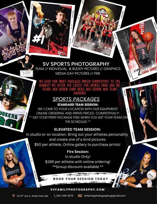 Promotional poster for SV Sports Photography, featuring athlete portraits, services, and packages offered.