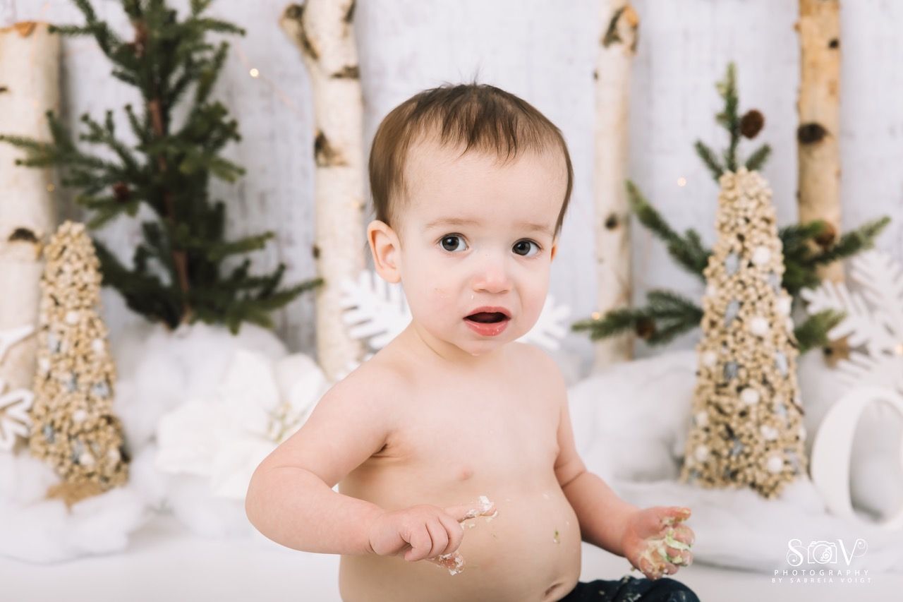 Child with messy face and hands, in a winter-themed photoshoot; surrounded by trees and decorative snow.