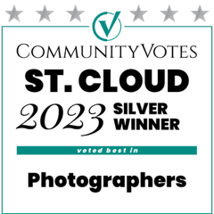 CommunityVotes St. Cloud 2023 Silver Winner for Photographers. Teal and black text with star accents.