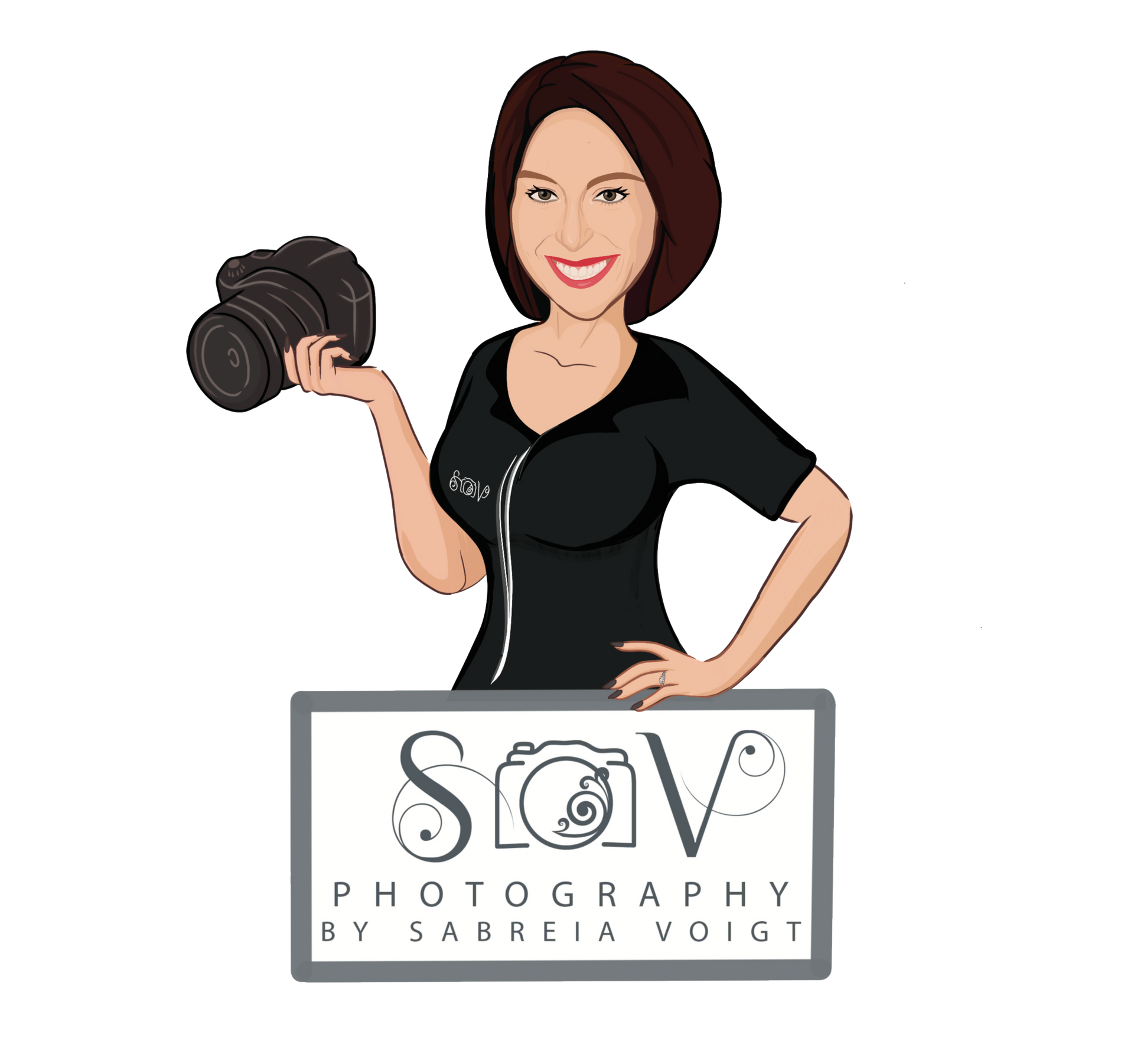 Woman holding camera, smiling, above gray sign "SOV Photography by Sabria Voigt."