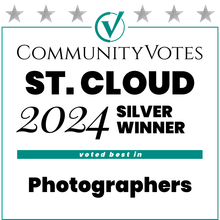 Community Votes St. Cloud 2024 Silver Winner, best photographers. Turquoise and black text on a white background.