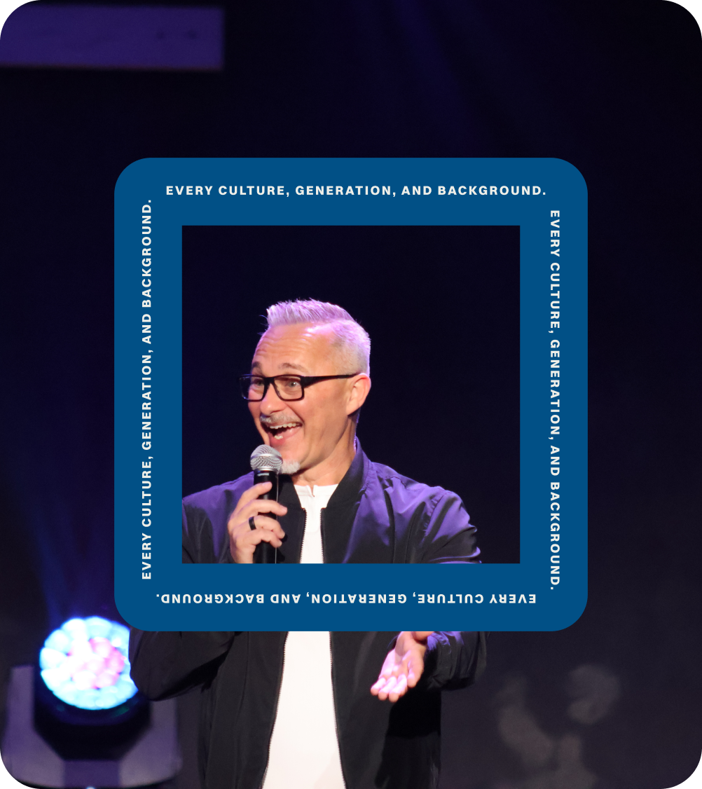 Speaker holding a microphone on a dark stage, framed by a blue graphic border with text.