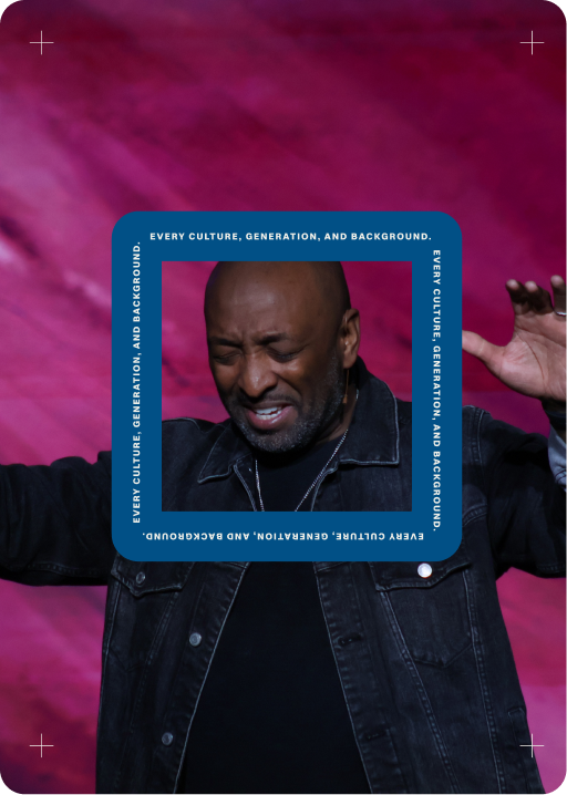 Man with closed eyes and raised hand in a blue-framed portrait over a magenta background