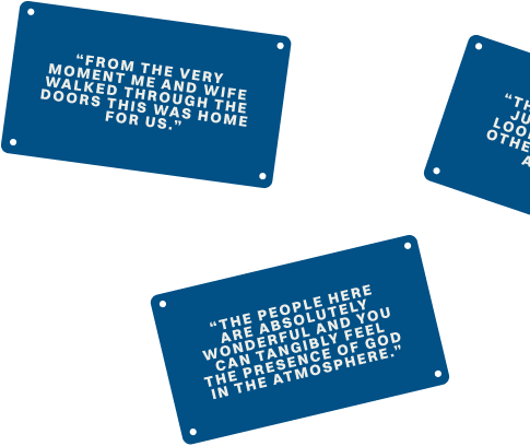 Blue quote cards with white text on a white background, one centered and two partially visible edges